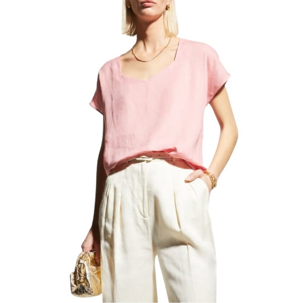 Harshman Arpe Short-Sleeve Square Neck Linen Blouse Pink 1X